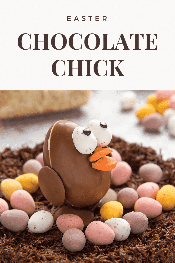 front angle shot of easter egg chick chocolate with mini chocolate eggs with EASTER CHOCOLATE CHICK graphic text below