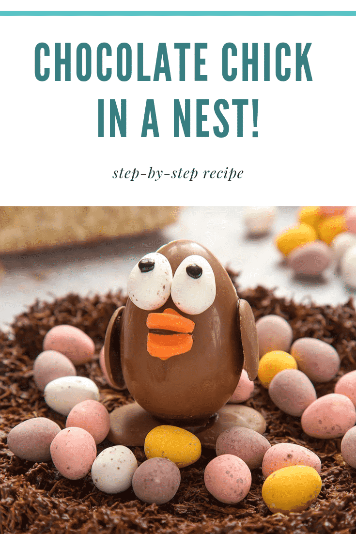 graphic text step-by-step recipe CHOCOLATE CHICK IN A NEST! above two photos of chick chocolate egg 