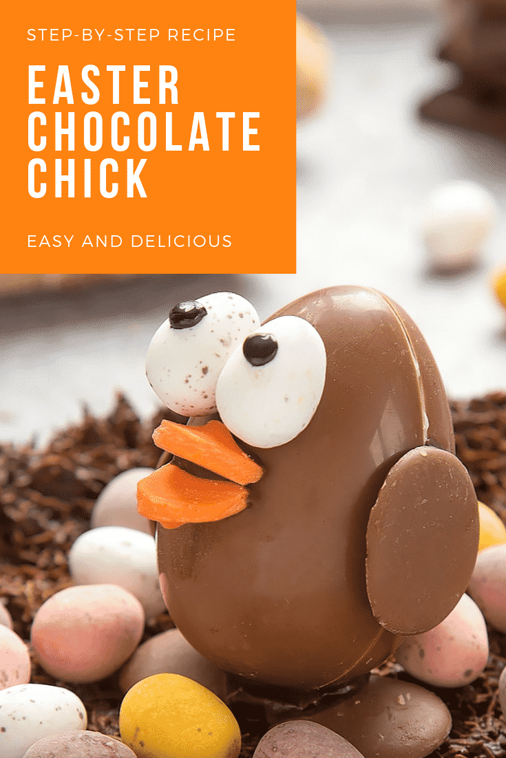 CHOCOLATE CHICK IN A NEST! step-by-step recipe graphic text above Front angle shot easter egg chick chocolate