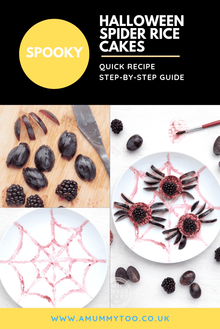 Collage of images showing Halloween rice cakes, decorated with blackberries & grapes to look like spiders on a spider's web. Caption reads: Spooky Halloween spider rice cakes. Quick recipe. Step-by-step guide.