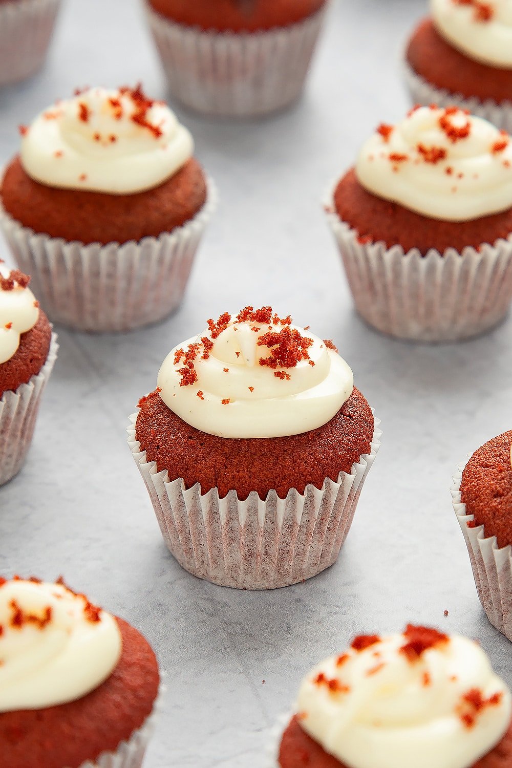 Mini red velvet cupcakes with cream cheese frosting on a grey table top.