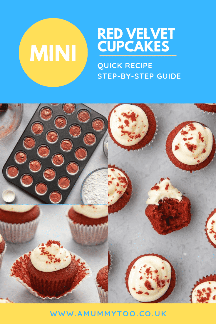 Three process images for making the Mini red velvet cupcakes with cream cheese frosting. At the top of the image there's some text describing it for Pinterest. 