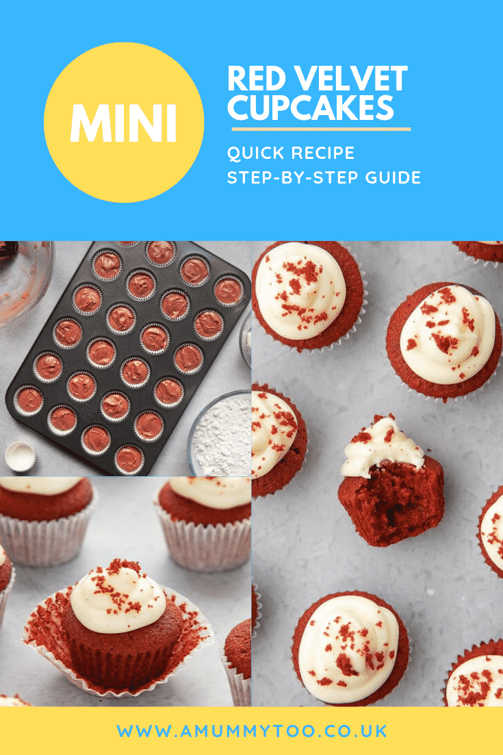 Three process images for making the Mini red velvet cupcakes with cream cheese frosting. At the top of the image there's some text describing it for Pinterest.