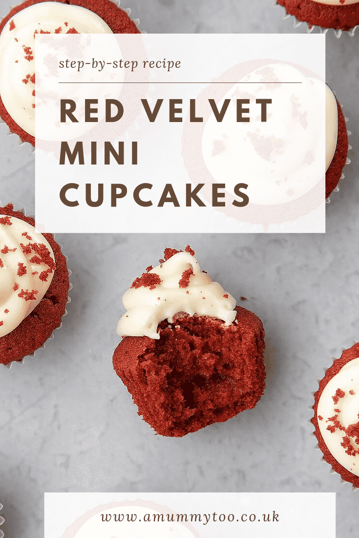 Overhead sidwards shot of an unwrapped Mini red velvet cupcake with cream cheese frosting. At the top of the image there's some brown text describing the image for Pinterest.