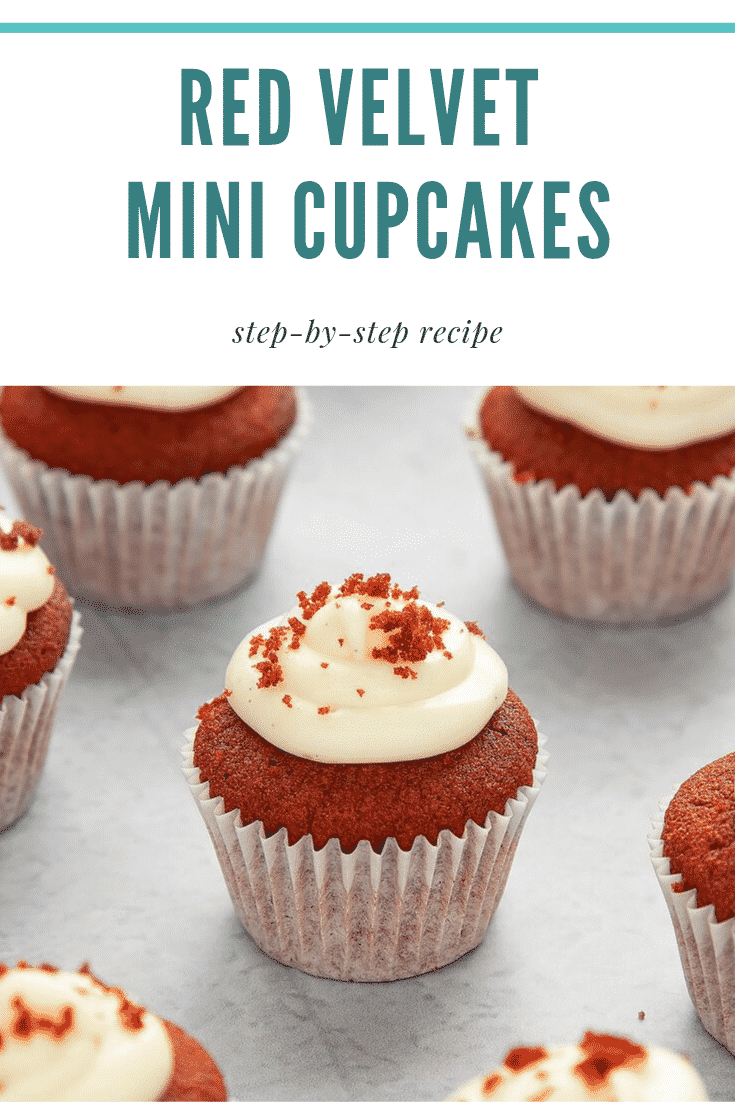 Sidwards shot of the Mini red velvet cupcakes with cream cheese frosting on a table with text at the top of the image describing it for Pinterest. 