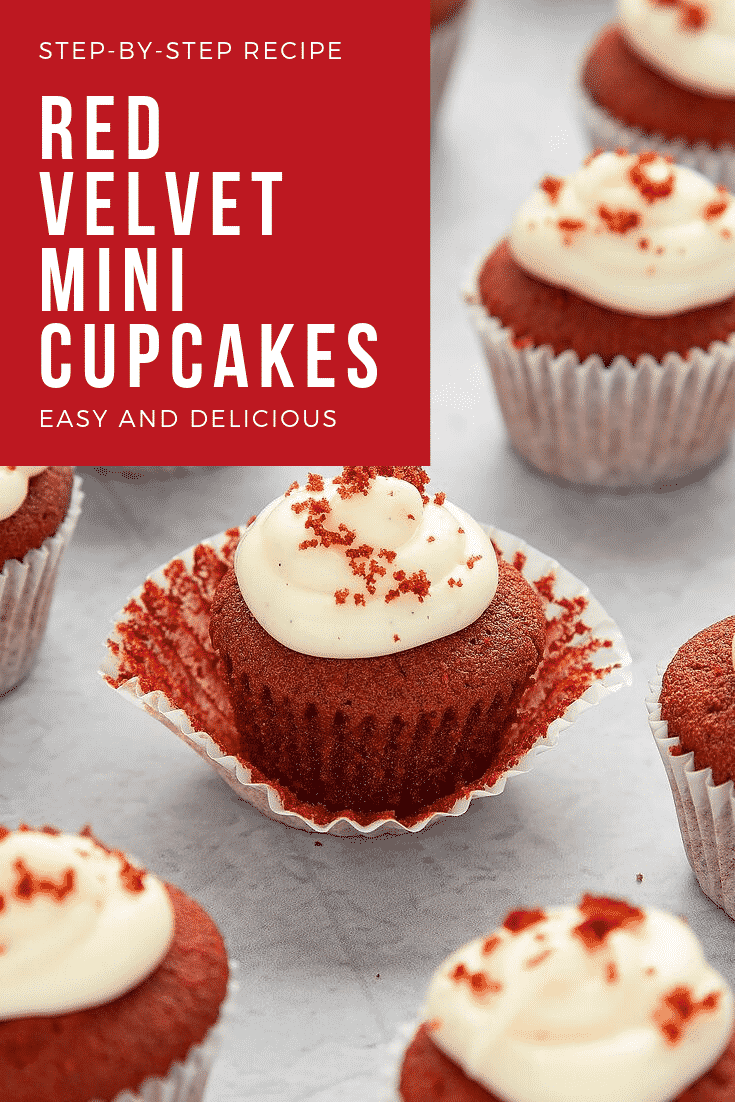 Close up of the Mini red velvet cupcakes with cream cheese frosting. At the top left hand side there's some white text on a red background that describes the image for Pinterest.