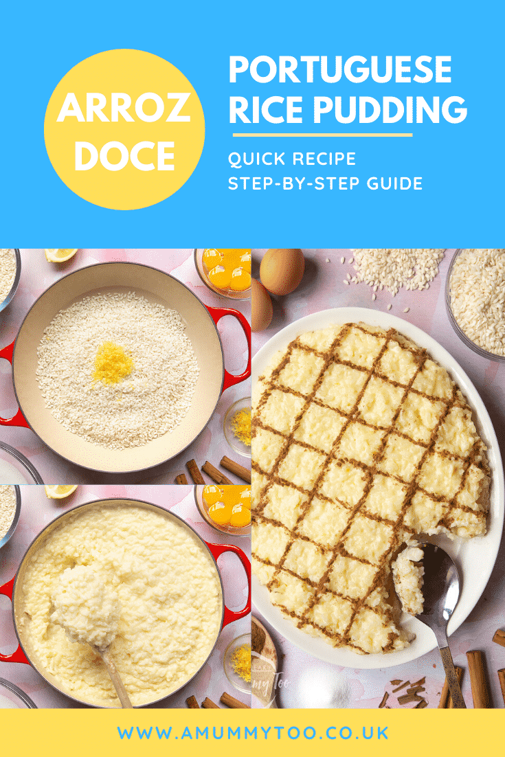 A collage of images showing the making of Arroz Doce (Portuguese rice pudding), finally served on a large, white, oval-shaped plate. The caption reads: Arroz Doce Portuguese rice pudding. Quick recipe. Step-by-step guide.