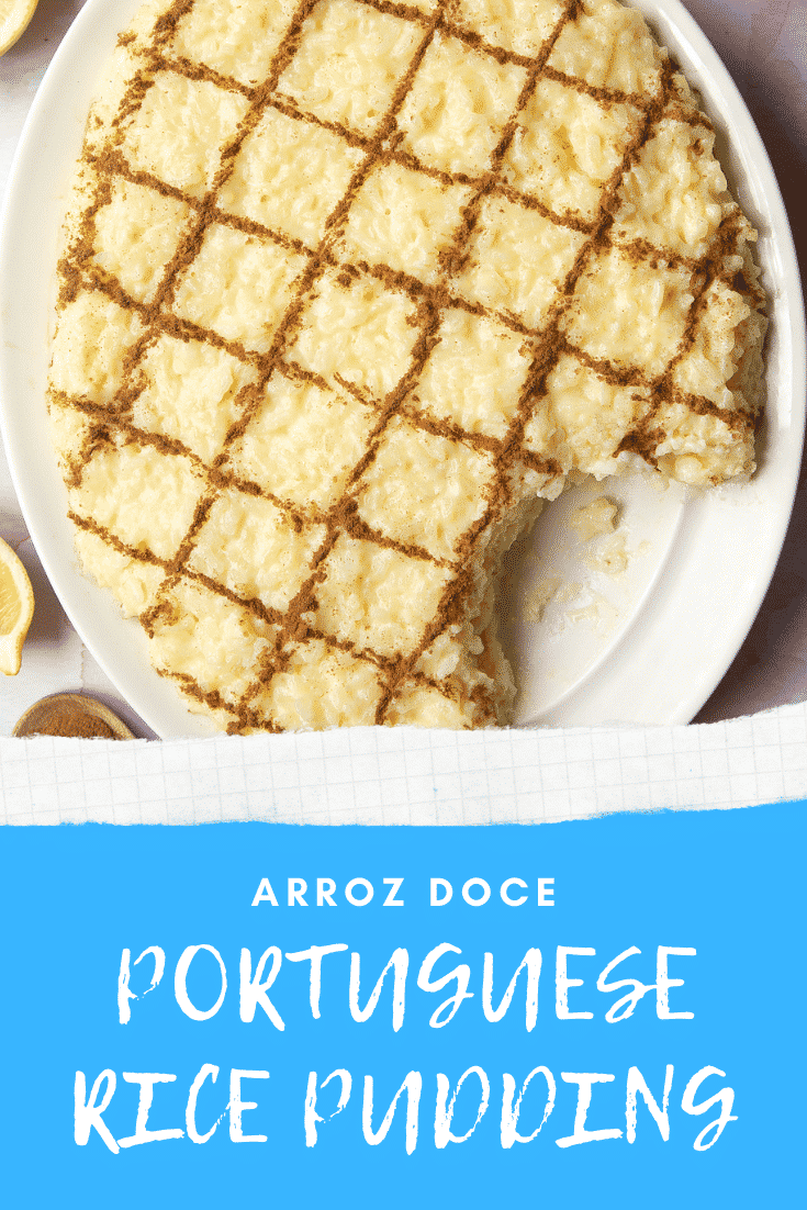 Arroz Doce (Portuguese rice pudding) on a large, white, oval-shaped plate with a scoop taken away. The caption reads: Arroz Doce Portuguese rice pudding. 