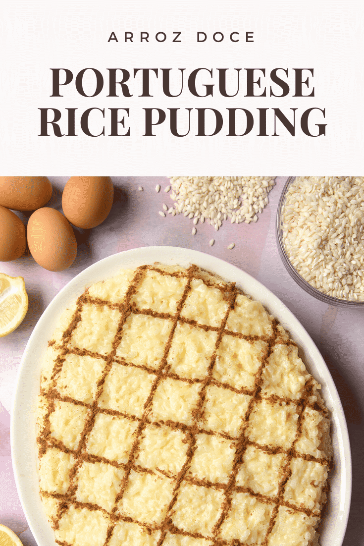 Arroz Doce (Portuguese rice pudding) on a large, white, oval-shaped plate. The caption reads: Arroz Doce Portuguese rice pudding. 