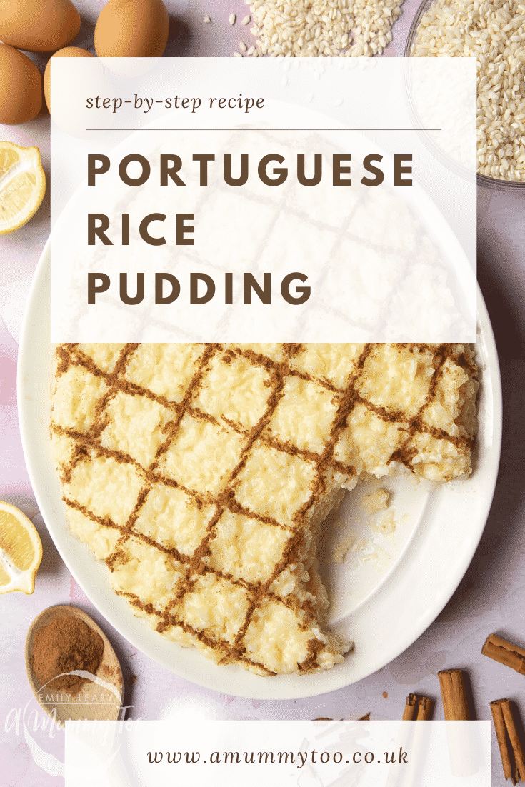 Arroz Doce (Portuguese rice pudding) on a large, white, oval-shaped plate. The caption reads: Step-by-step recipe. Portuguese rice pudding.