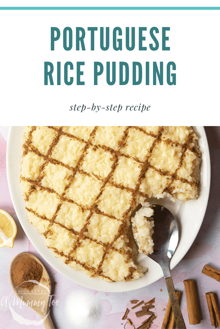 Arroz Doce (Portuguese rice pudding) on a large, white, oval-shaped plate. The caption reads: Portuguese rice pudding. Step-by-step recipe. 