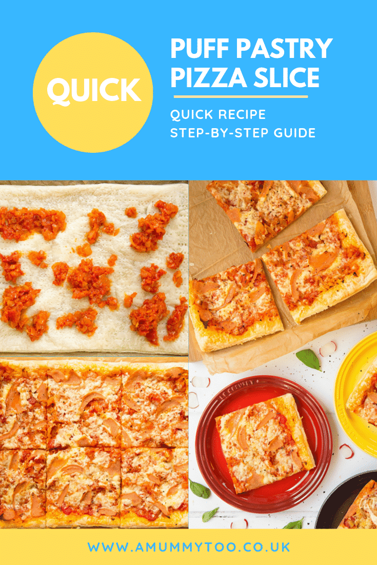 Three process images of the puff pastry pizza slice with text at the top describing the image for Pinterest. 