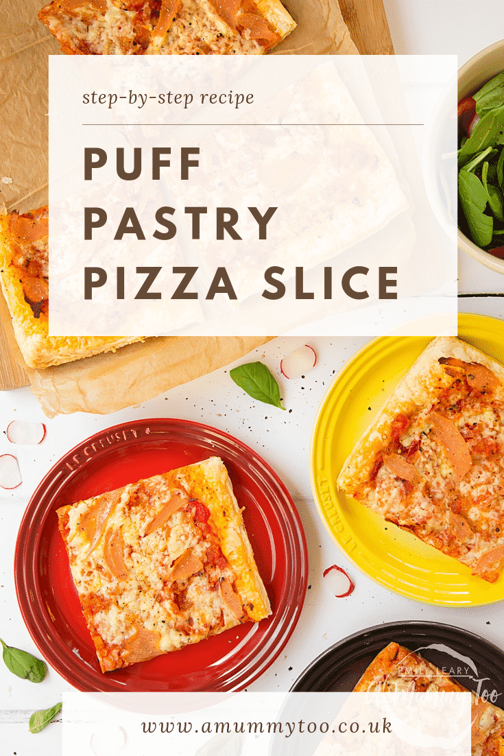 Three slices of puff pastry pizza on plates next to a chopping board with the remaining slices. At the top of the image there's some text describing the image for Pinterest. 