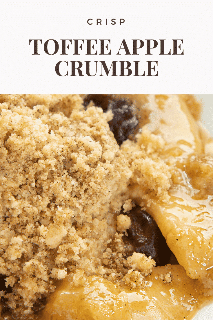 Close up shot of the toffee apple crumble with text at the top describing it for Pinterest. 