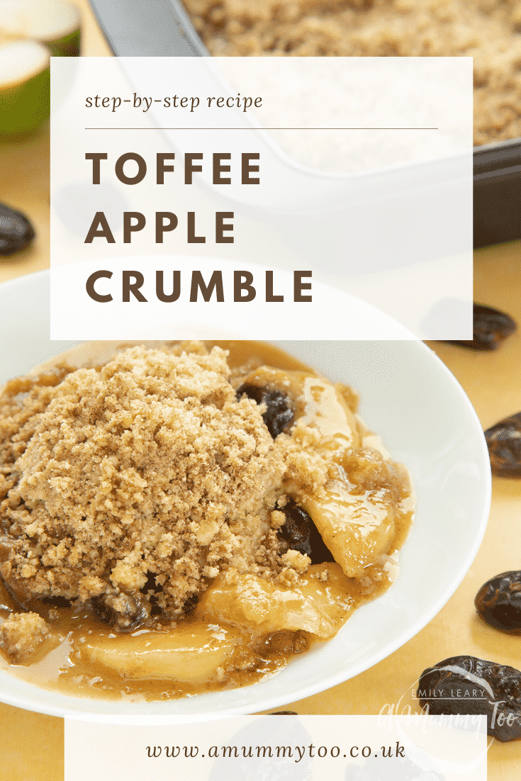 A plate of toffee apple crumble with text at the top describing the image for Pinterest. 