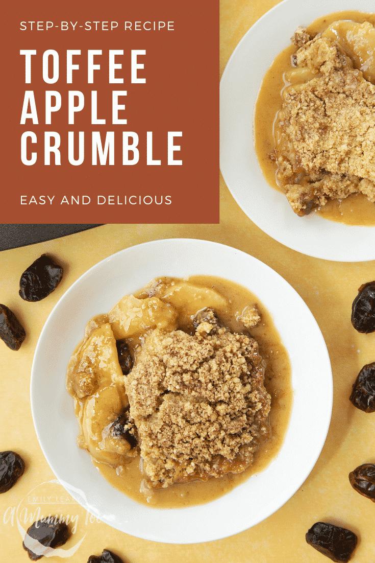 Overhead shot of a plate of toffee apple crumble at the top of the image there's some text describing the image for Pinterest. 