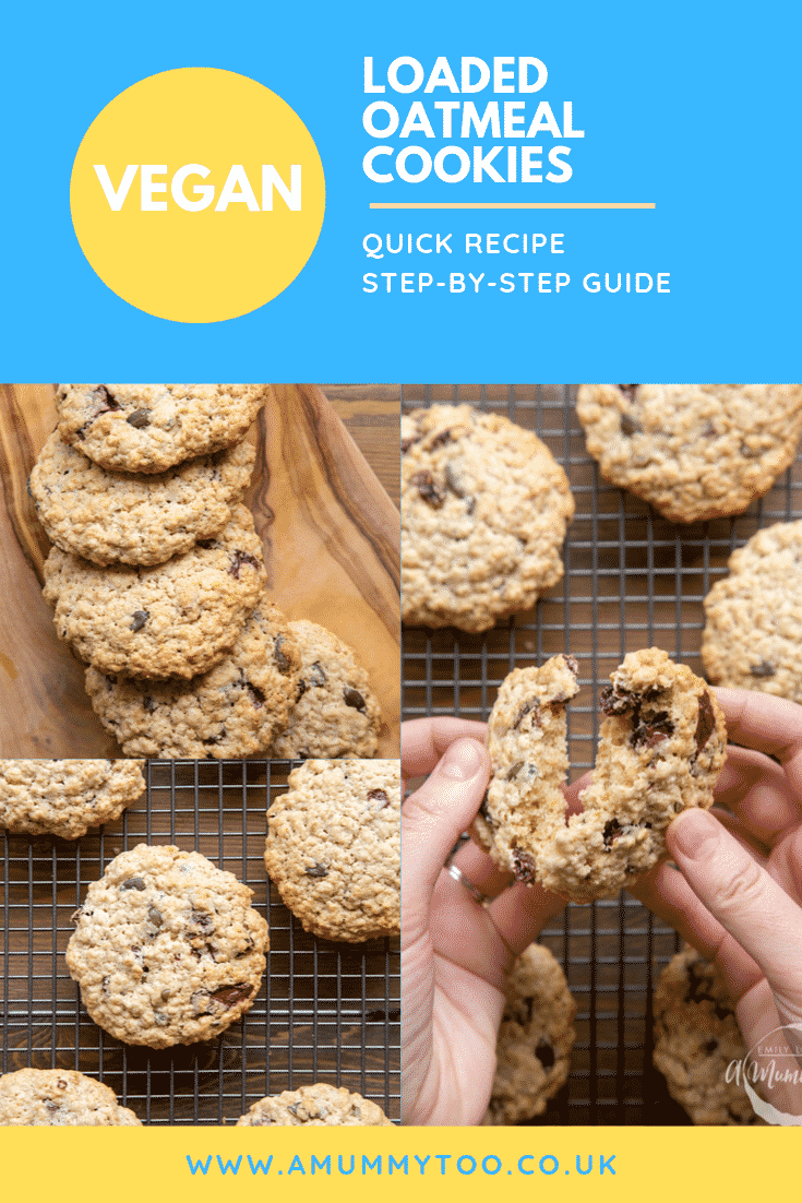 A collage of images of vegan oat cookies, arranged on a wooden board or cooling on a wire rack. Caption reads: vegan loaded oatmeal cookies quick recipe step-by-step guide