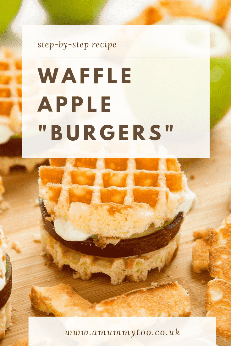 graphic text step-by-step recipe WAFFLE APPLE "BURGERS" above Front angle shot of gluten-free waffle apple burgers with website URL below