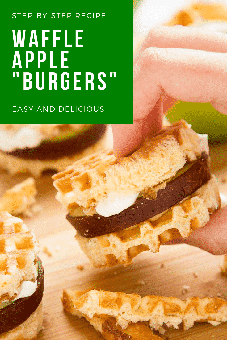 graphic text STEP-BY-STEP RECIPE WAFFLE APPLE "BURGERS" EASY AND DELICIOUS above zoomed-in shot of apple waffle burgers