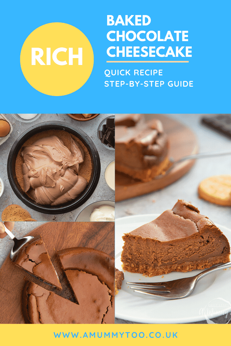 Three process images which highlight how to make the baked chocolate cheesecake. At the top of the image there's some text describing the image for Pinterest. 
