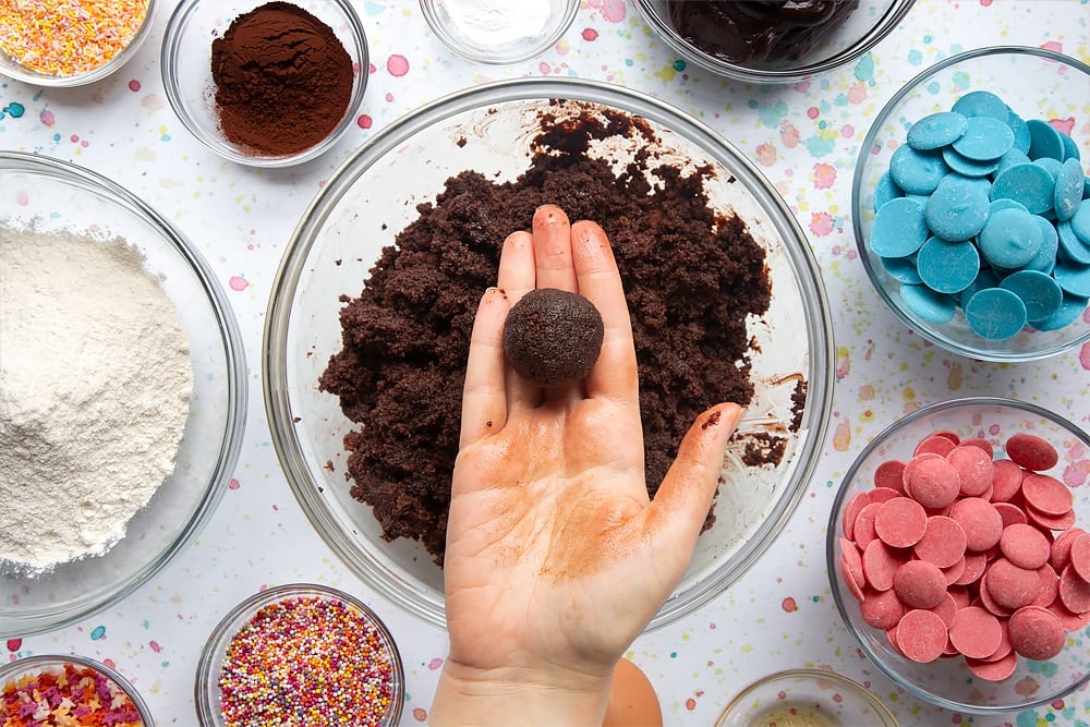 Chocolate cake crumbled in a bowl and mixed with chocolate frosting. A hand holds a ball of mixture. Ingredients to make a cake pop bouquet surround the bowl.