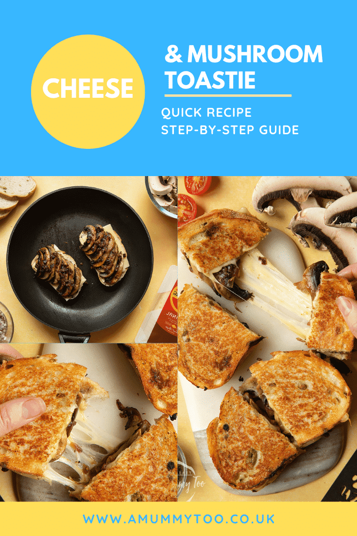 A collage of images showing some of the steps to make the mushroom and cheese toastie, along with an image of the end result of a cooked toastie being pulled apart.