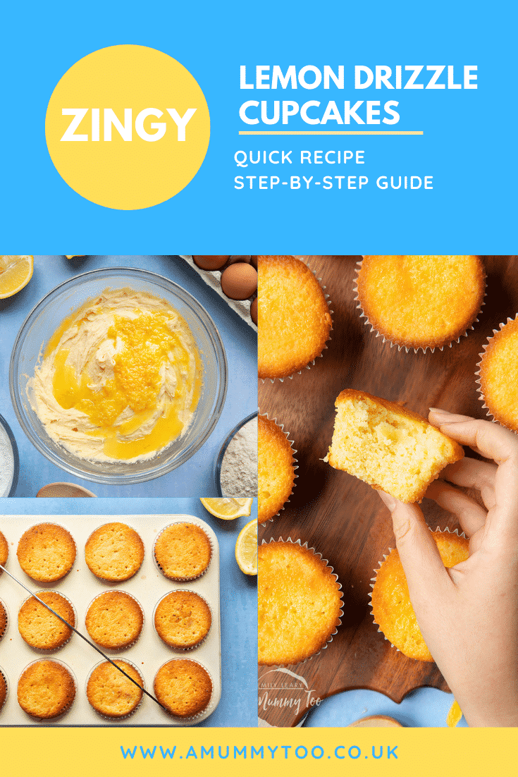 A collage of images showing the making of lemon drizzle cupcakes. The caption reads: zingy lemon drizzle cupcakes - quick recipe - step-by-step guide
