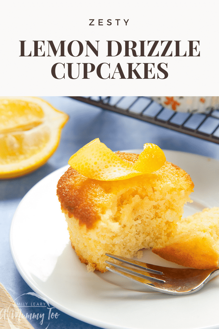 Lemon drizzle cupcake on a white plate with a fork. Caption reads: zesty lemon drizzle cupcakes