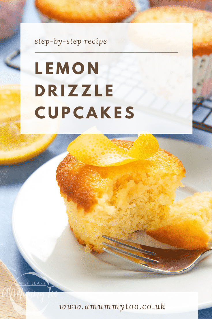 Lemon drizzle cupcake on a white plate with a fork. Caption reads: step-by-step recipe lemon drizzle cupcakes