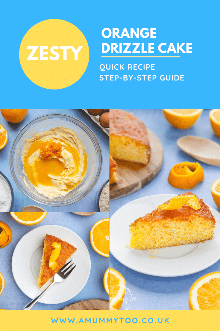 A collage of images showing the making of orange drizzle cake served on a small white plate. Caption reads: orange drizzle cake quick recipe step-by-step recipe