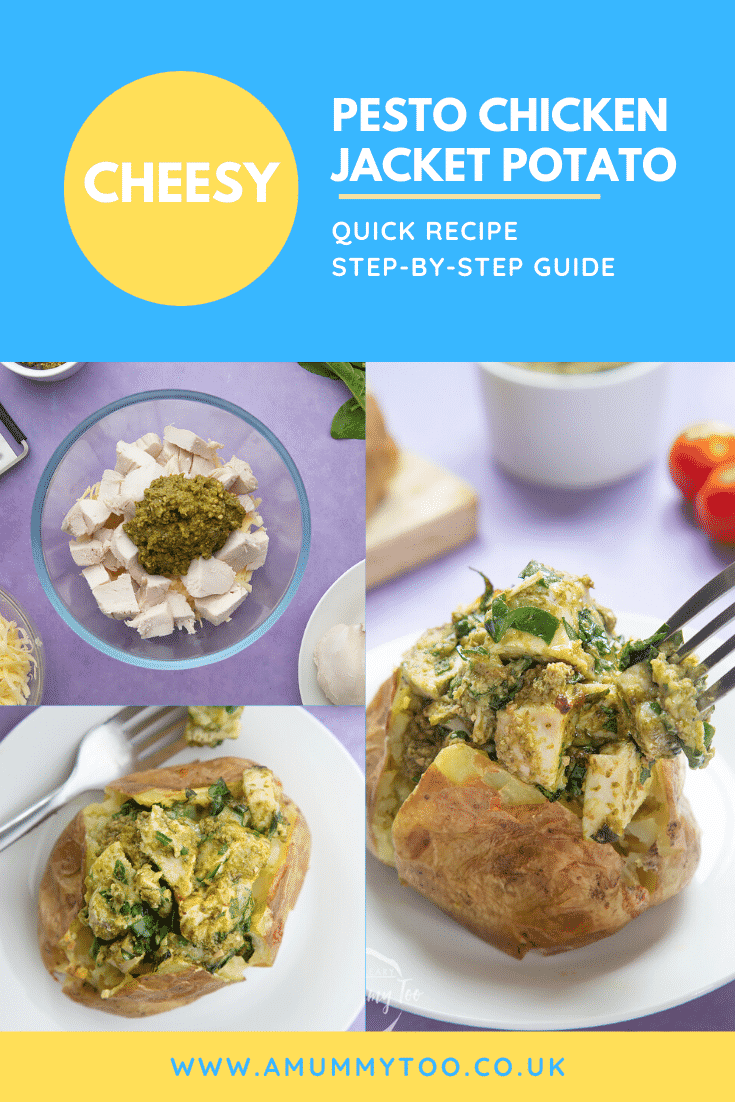 A collage showing a jacket potato with cheesy pesto chicken on a white plate. Caption reads: cheesy pesto chicken jacket potato - quick recipe - step-by-step guide