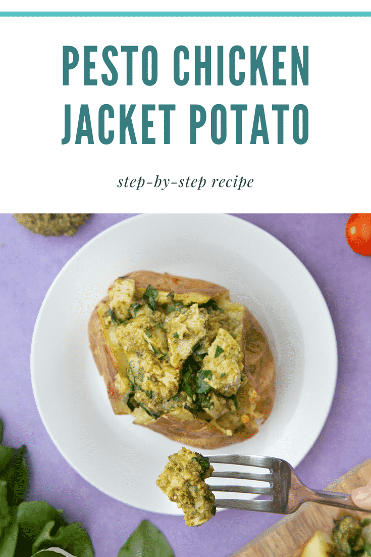A jacket potato with cheesy pesto chicken on a white plate. Caption reads: pesto chicken jacket potato step-by-step recipe