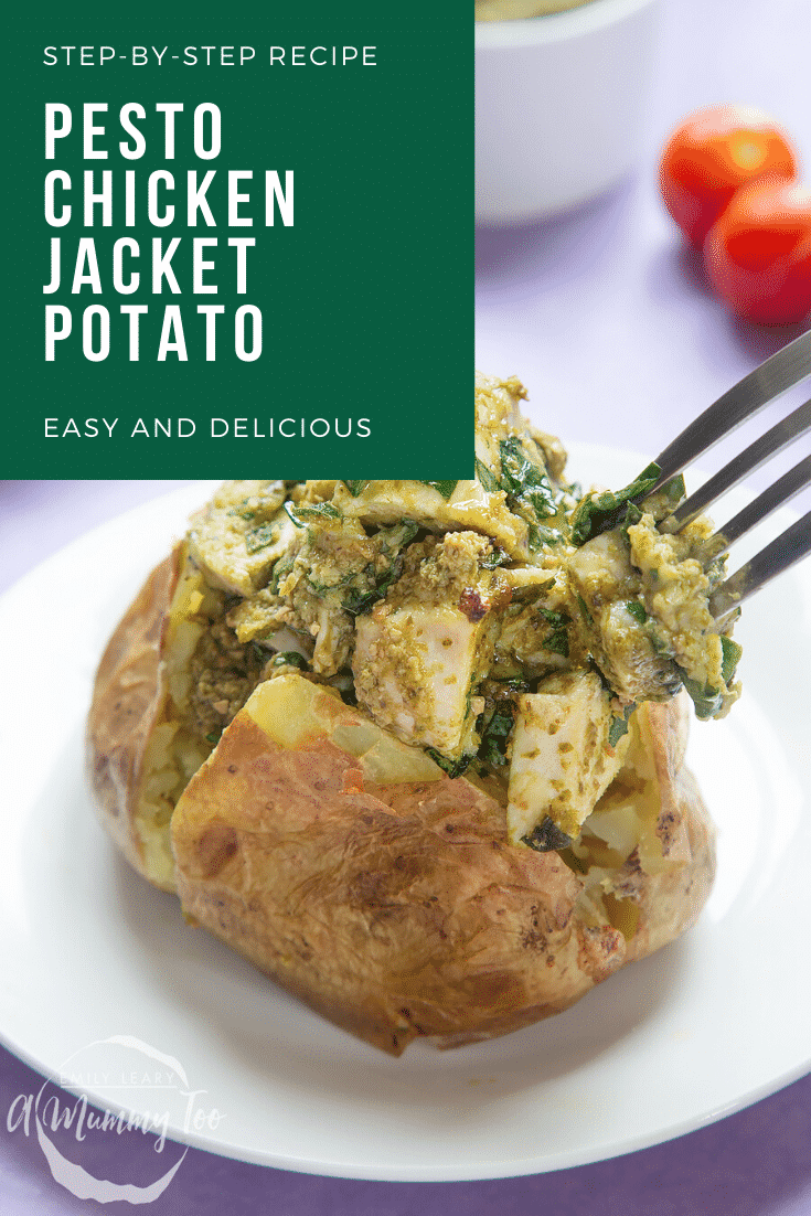 A jacket potato with cheesy pesto chicken on a white plate. A fork delves in. Caption reads: step-by-step recipe pesto chicken jacket potato easy and delicious