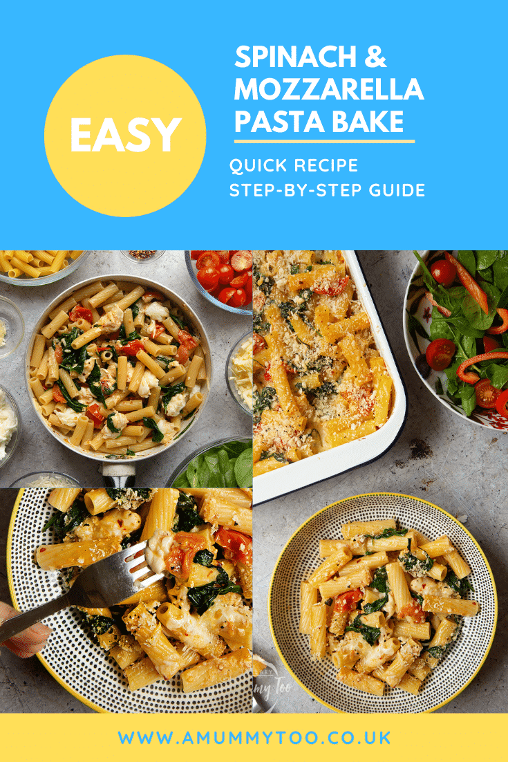 Three process images of the Cherry tomato, spinach and garlic mozzarella pasta bake being made. At the top of the image there's some text describing the image for Pinterest. 