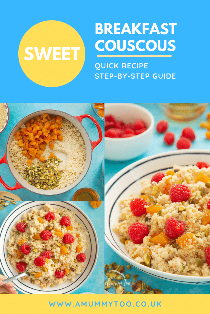 Three process images for the sweet breakfast couscous. At the top of the image there's some white text on a blue background describing the image for Pinterest. 