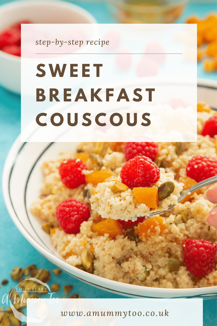 A spooin going into a bowl of sweet breakfast couscous. The bowl is sitting on a blue tabletop. At the top of the image there's some text describing the image for Pinterest. 