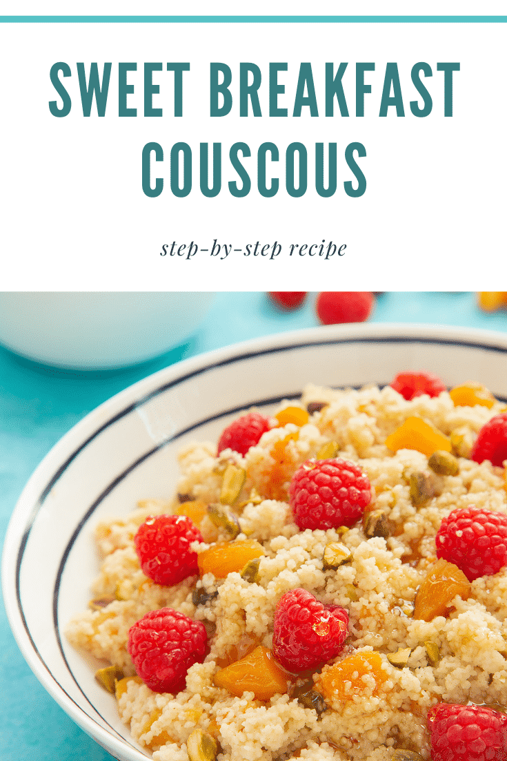 Close up shot of a bowl of sweet breakfast couscous. At the top of the image there's some teal text describing the image for Pinterest. 