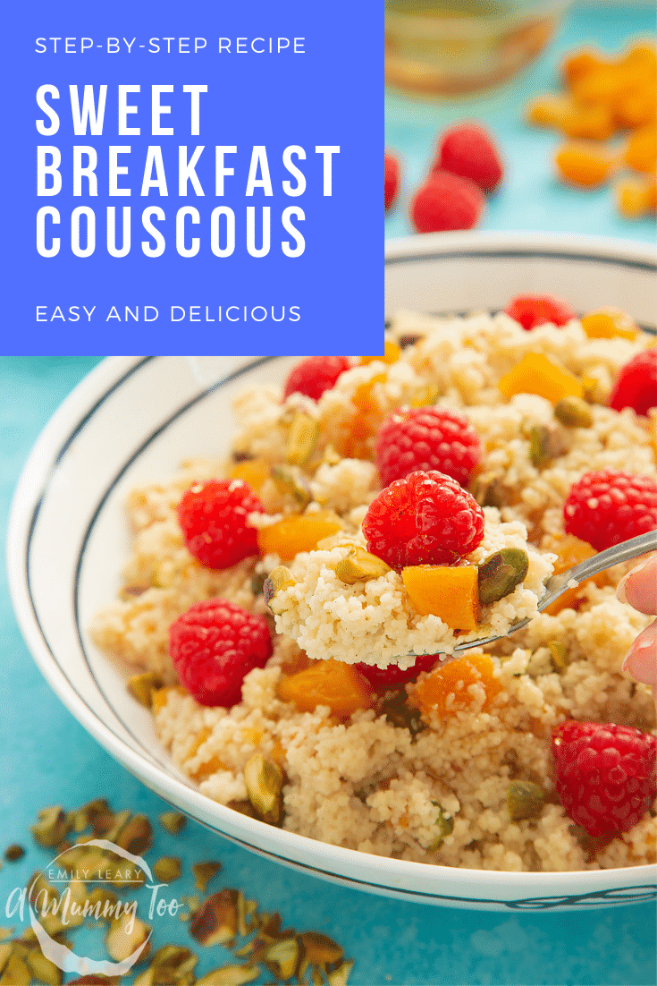 Close up shot of a bowl of sweet breakfast couscous on a blue table. At the top of the image there's some white text on a blue background describing the image for Pinterest. 