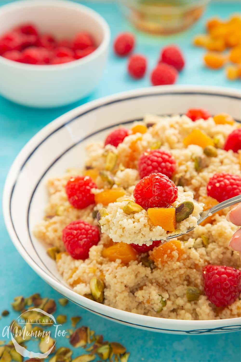 Close up image of the finished bowl of sweet breakfast couscous. 