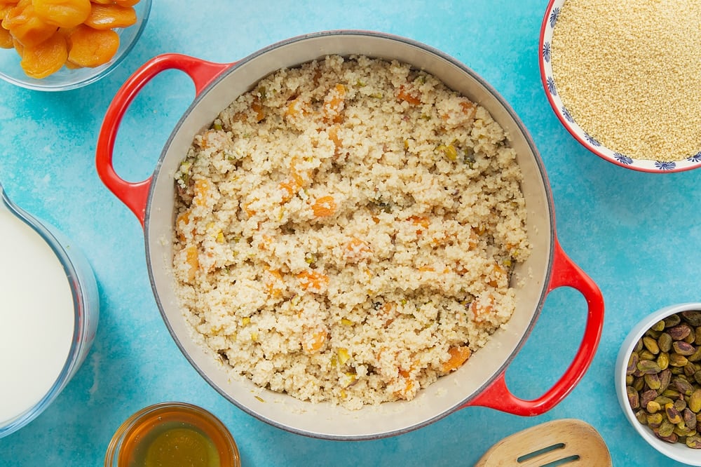 Finished sweet breakfast couscous in a large pan. 