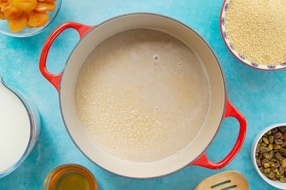 Overheat shot of the sweet breakfast couscous having been cooked in the oven,