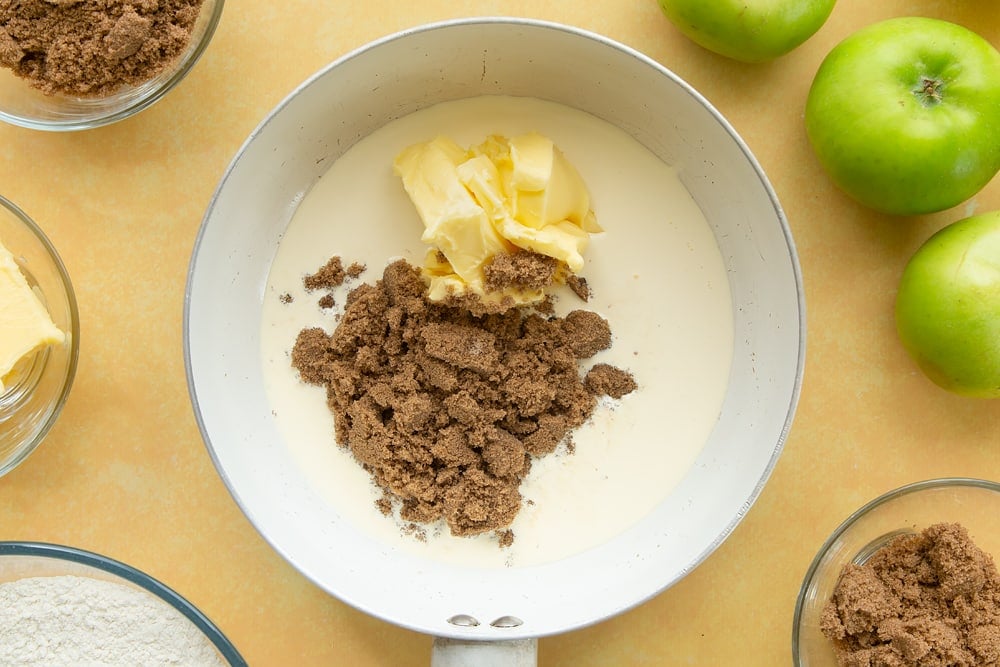 Overhead shot of making toffee apple crumble.