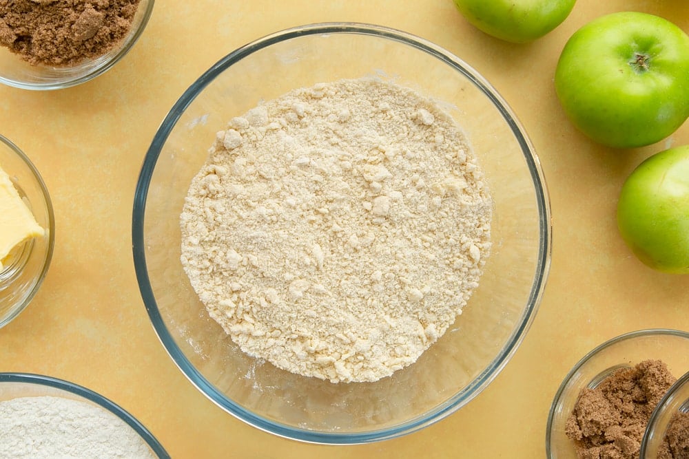 Overhead shot of the butter and flour having been mixed together in a bowl. 