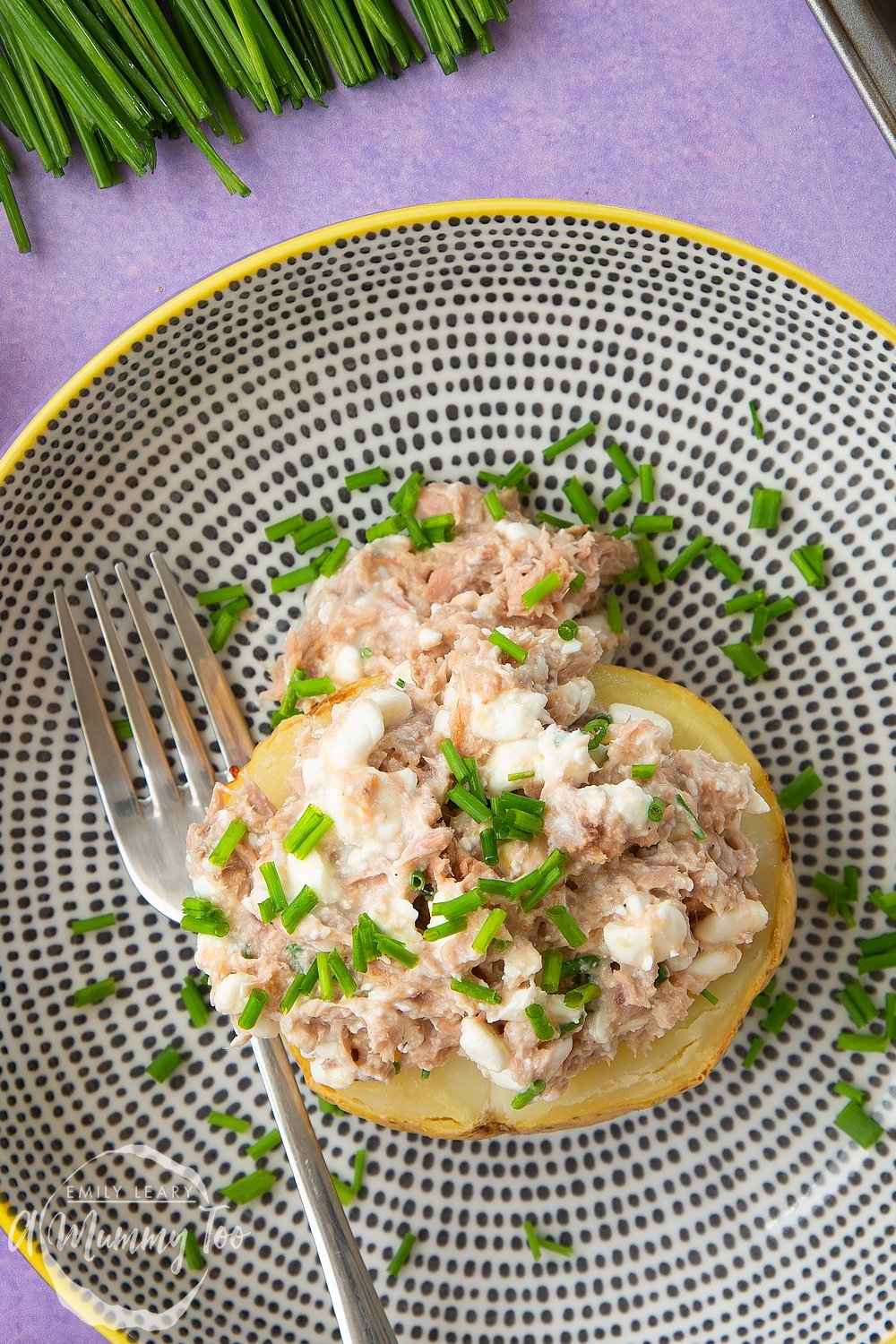 A finished serving of low-fat tuna cheese jacket potato 