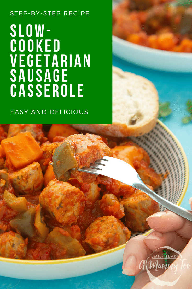 Close up shot of the Slow-cooked vegetarian sausage casserole in a decorative black and white bowl with a yellow trim. In the top right hand corner there's some white text on a green background describing the image for Pinterest. 