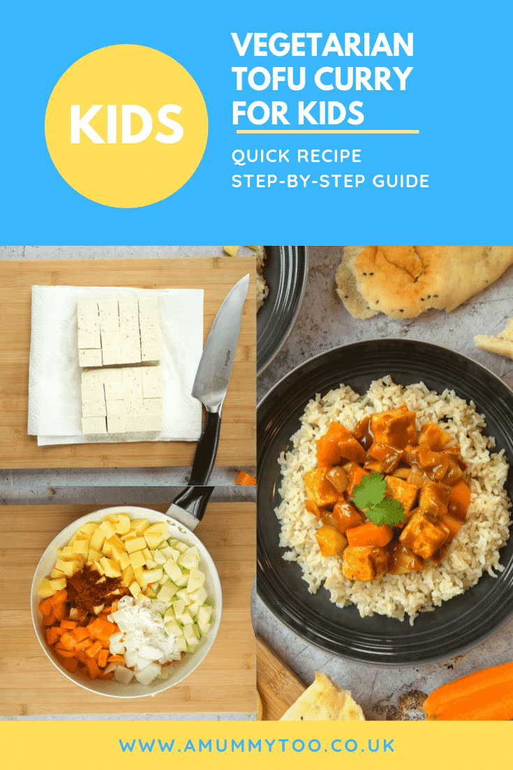 Three process images of the vegetarian tofu curry for kids with some text at the top of the page describing the image for Pinterest.