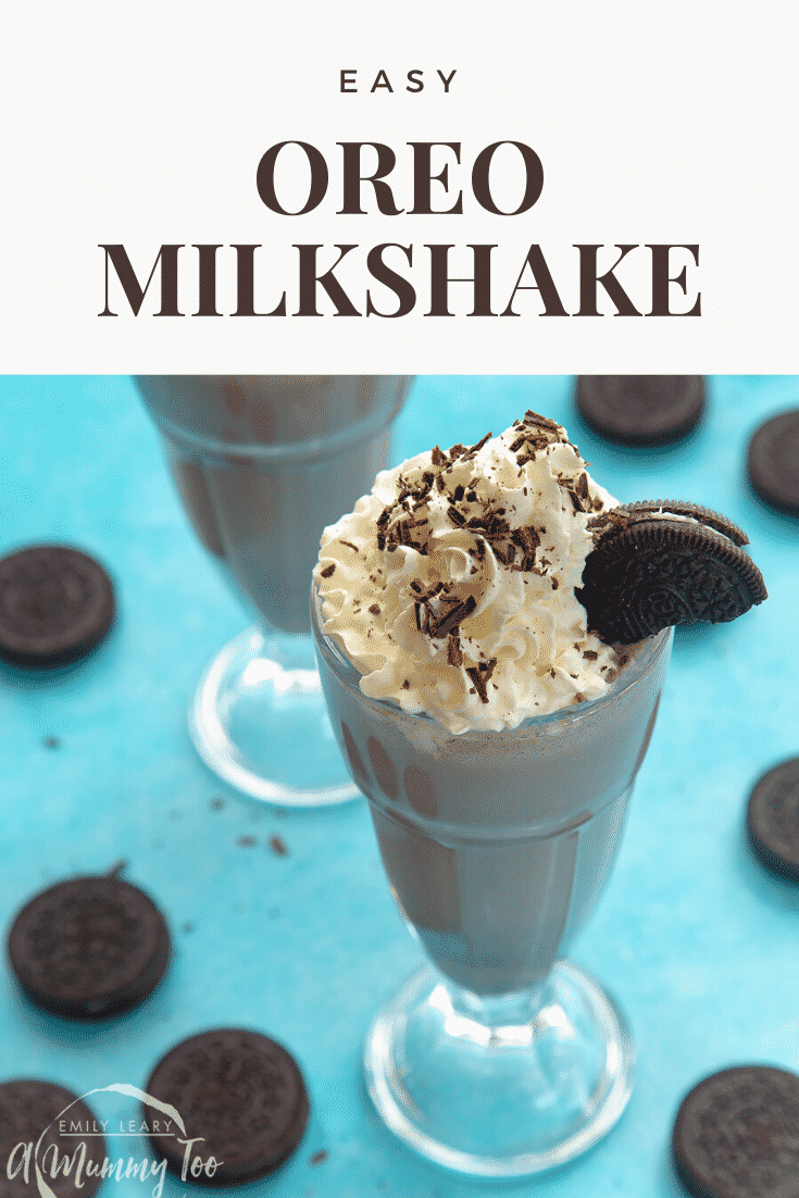 Two oreo milkshakes on a light blue table covered in oreos. At the top of the image there's some text describing the image for Pinterest. 