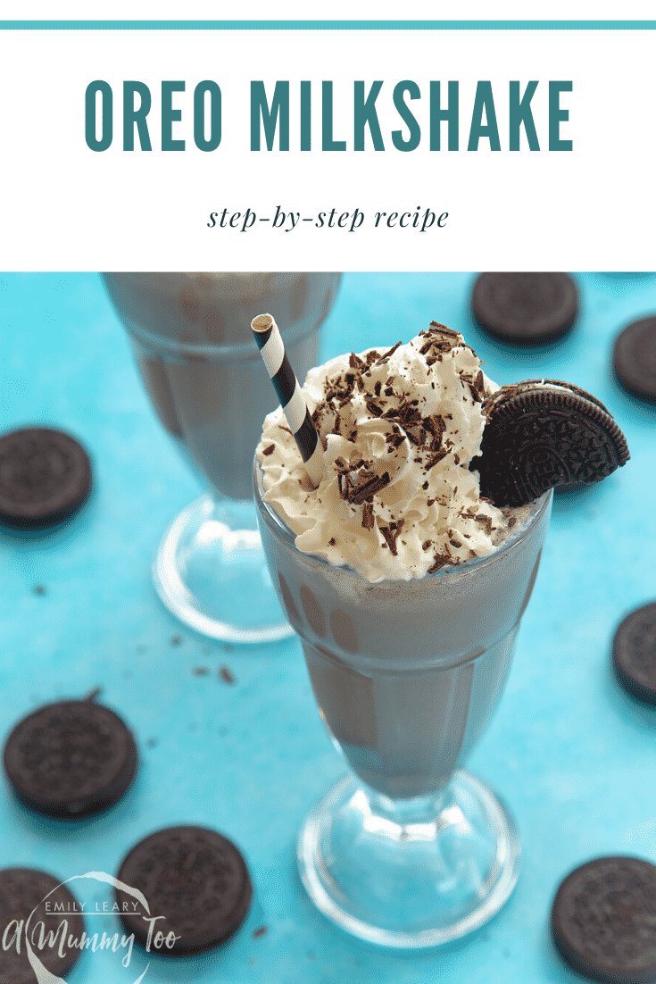 Two oreo milkshakes sit on a light blue table surrounded by oreo cookies. At the top of the image there's some teal text describing the image for Pinterest.