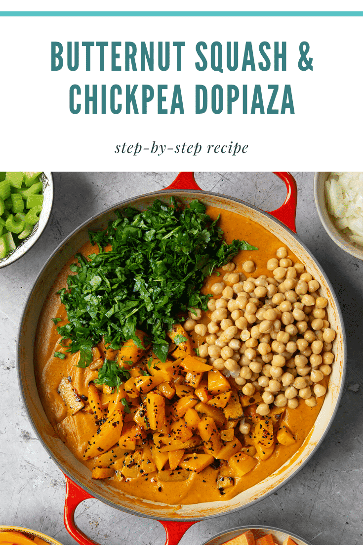 graphic text CREAMY BUTTERNUT SQUASH & CHICKPEA DOPIAZA above dopiaza served on a bowl