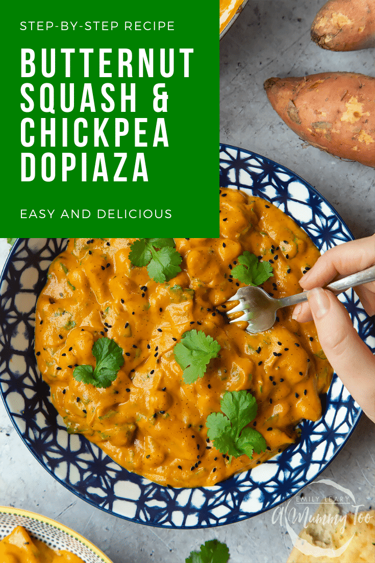 graphic text step-by-step recipe BUTTERNUT SQUASH & CHICKPEA DOPIAZA above butternut squash & chickpea dopiaza with website URL below